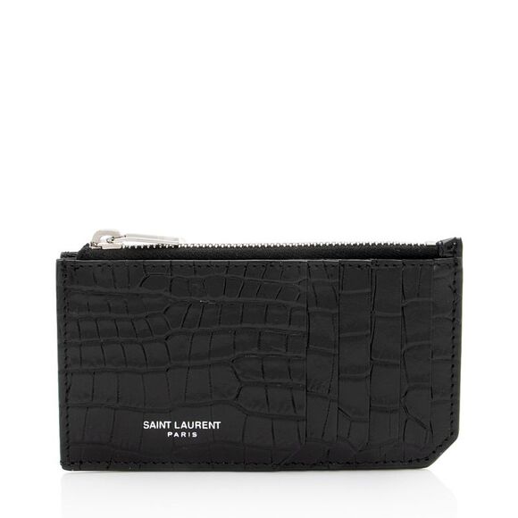 Saint Laurent Croc Embossed Leather Fragments Zipper Card Case